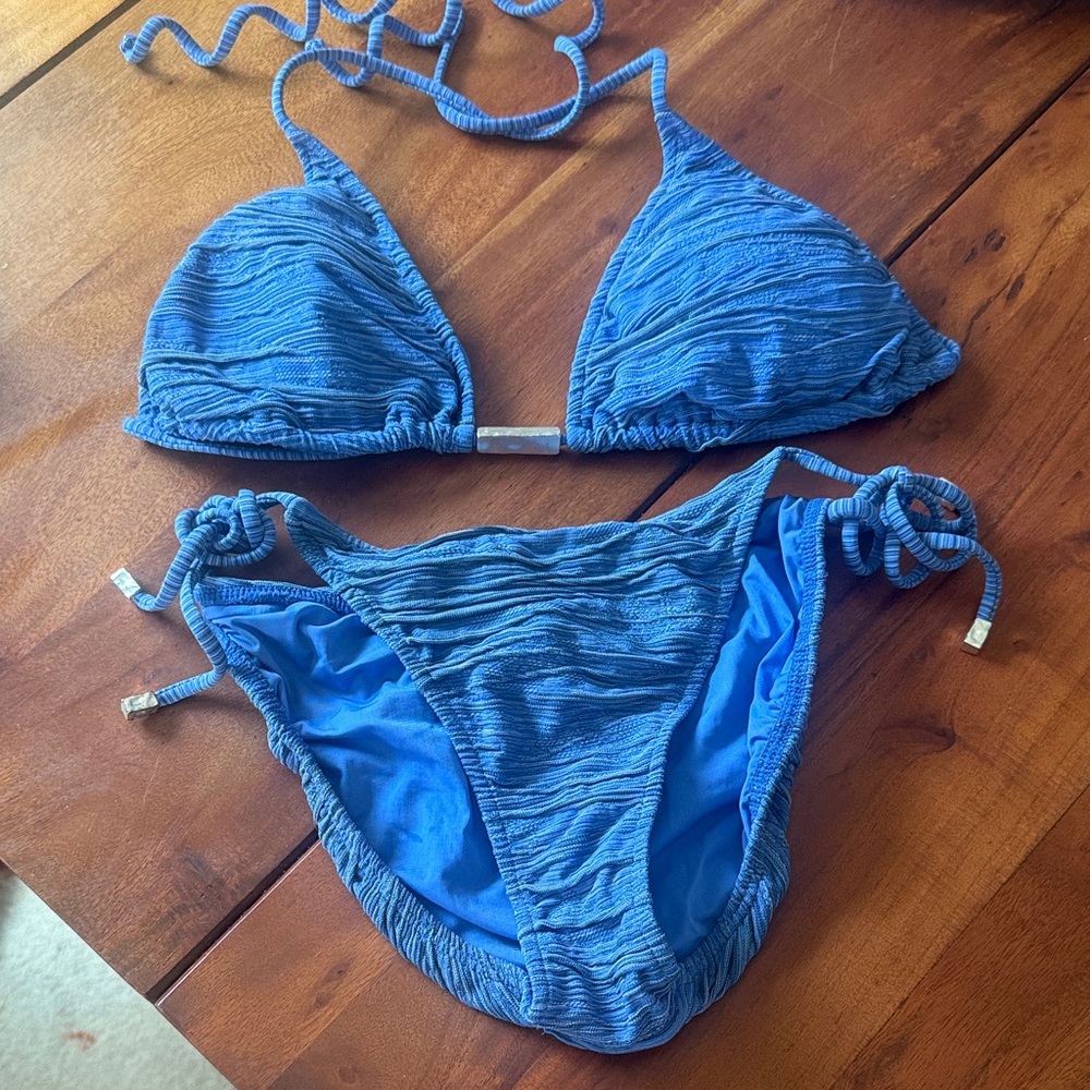 Blue Textured Triangle Bikini Set - Women Swim